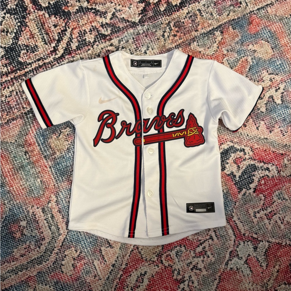 Kids White Braves Baseball Jersey, 2T